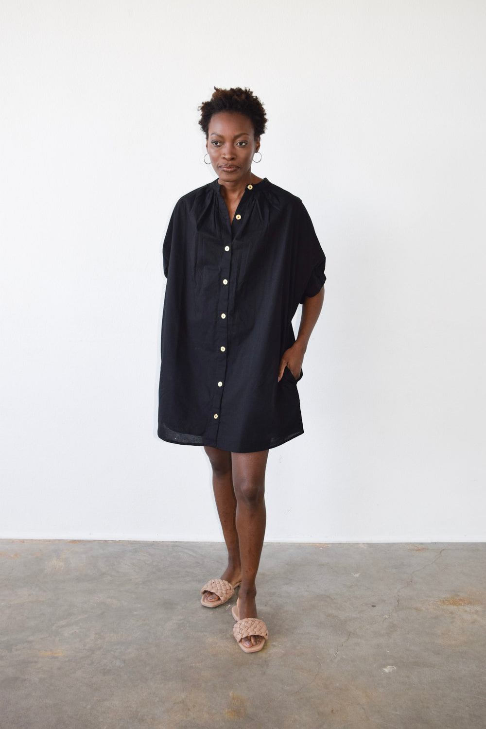 Elastic Sleeve Dress Black Solid Cotton Cambric