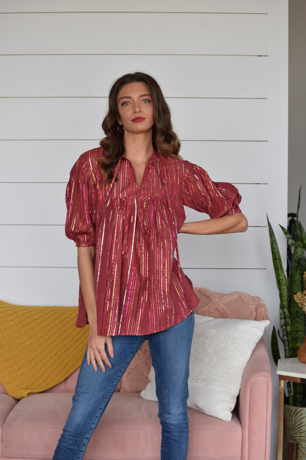 Pink Metallic Stripe Puff Sleeve Top
