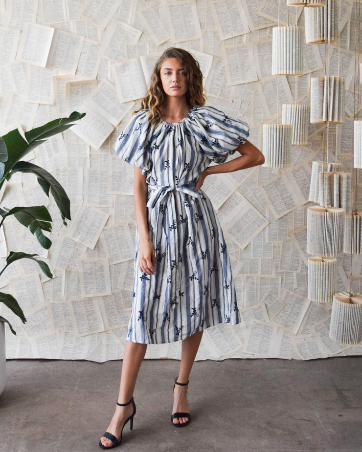 Navy Stripe Embroidery Jewel Neck Gathered Dress