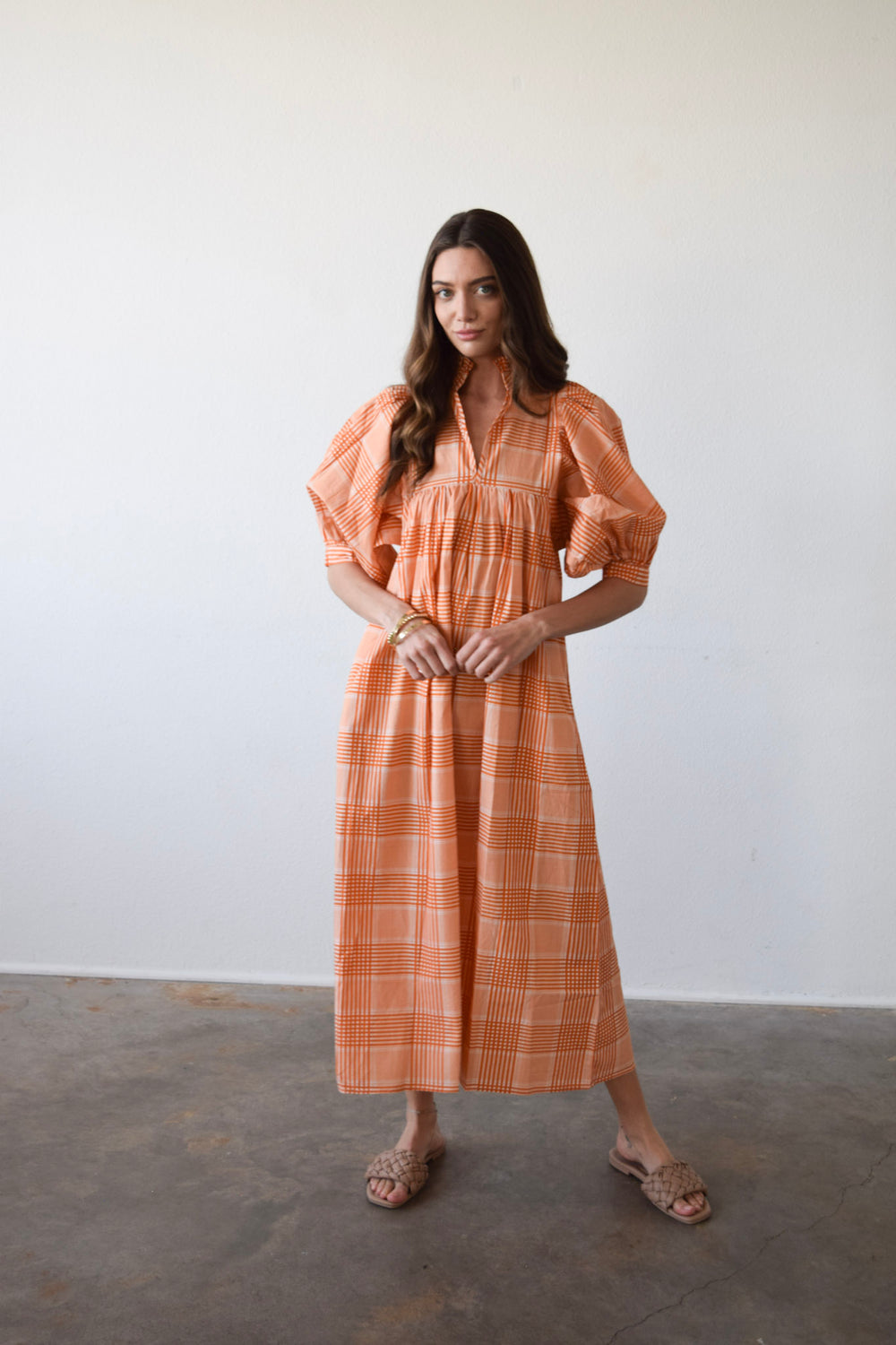 High Neck Midi Burnt Orange Cotton Plaid