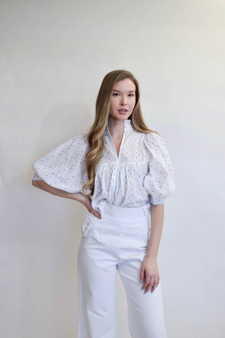 High Neck Top White Swiss Dot