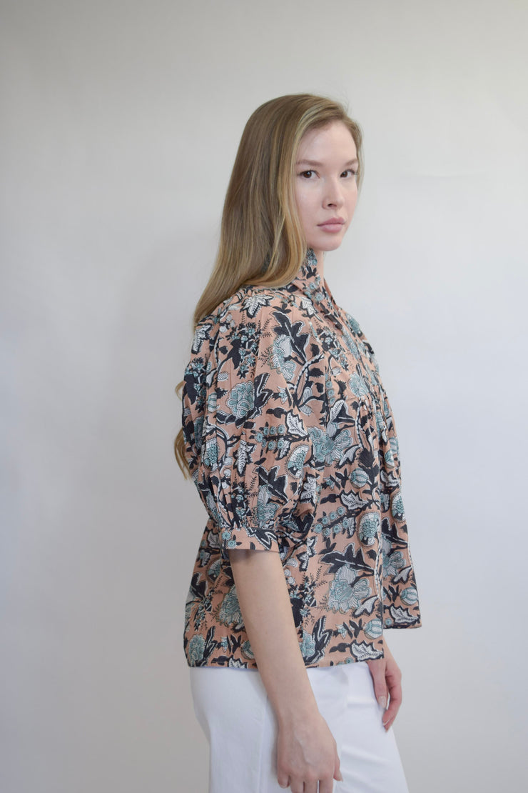 High Neck Top Pink Block Print