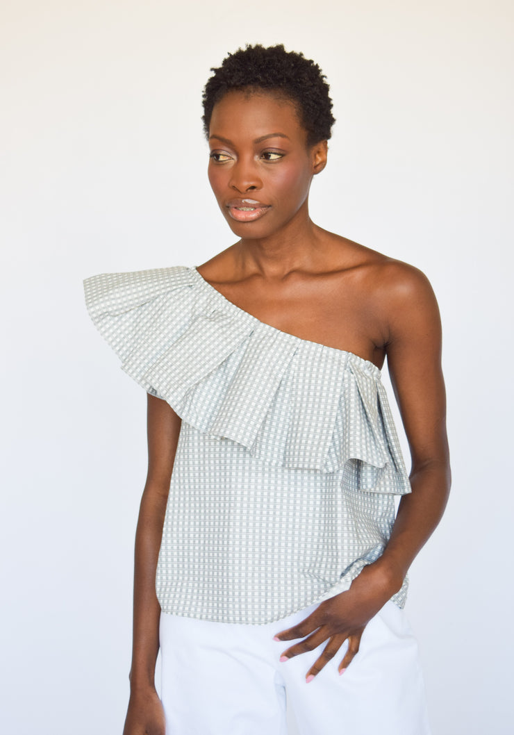 Black and White Crosshatch One Shoulder Top