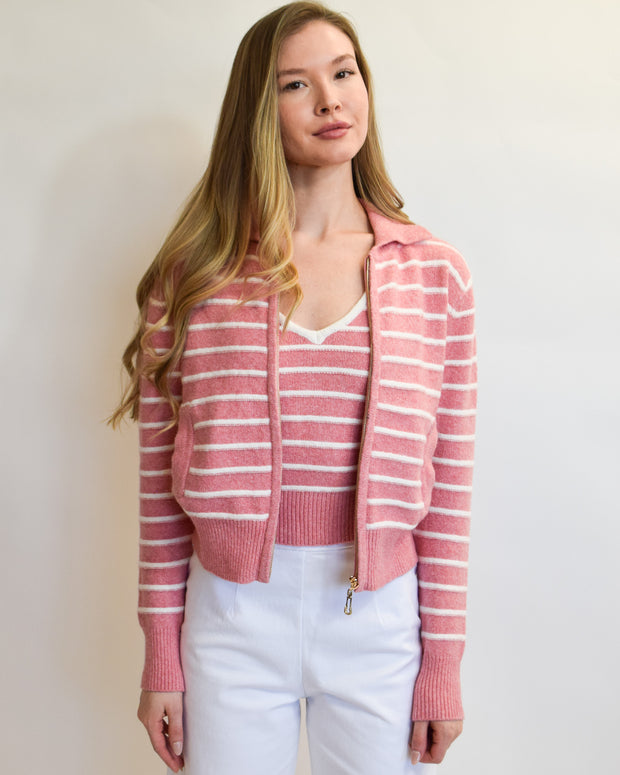 Burnt Coral Stripe Bomber Jacket Sweater Set
