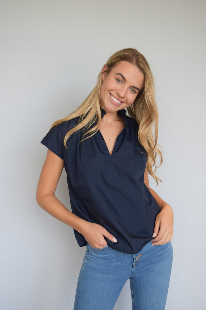 Vicki Short Sleeve Top Navy Poplin