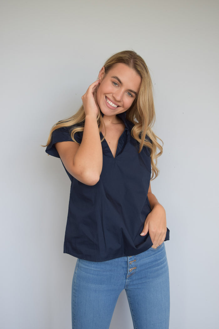 Vicki Short Sleeve Top Navy Poplin