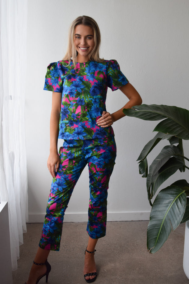Maui Floral Jewel Neck Short Sleeve Top