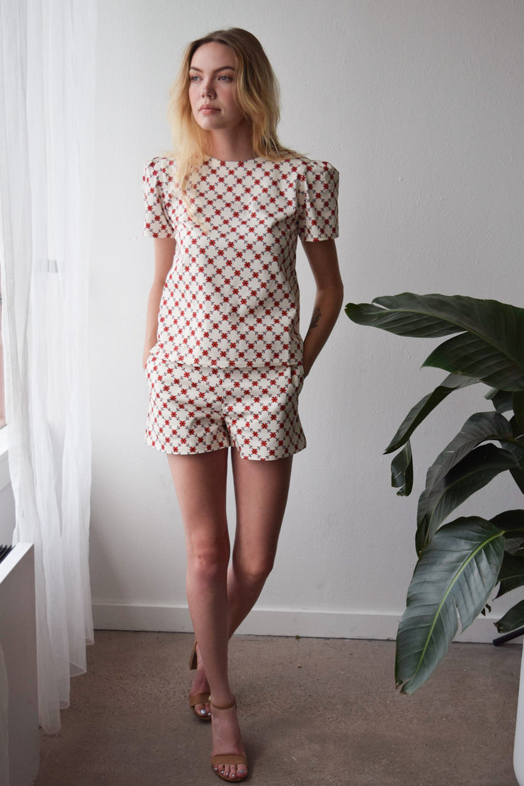 Trellace Jewel Neck Short Sleeve Top