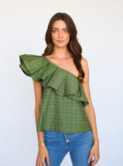 Navy and Green Crosshatch One Shoulder Top