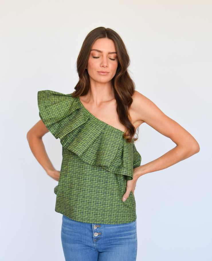 Navy and Green Crosshatch One Shoulder Top