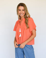 Coral India Swiss Dot Peasant Top