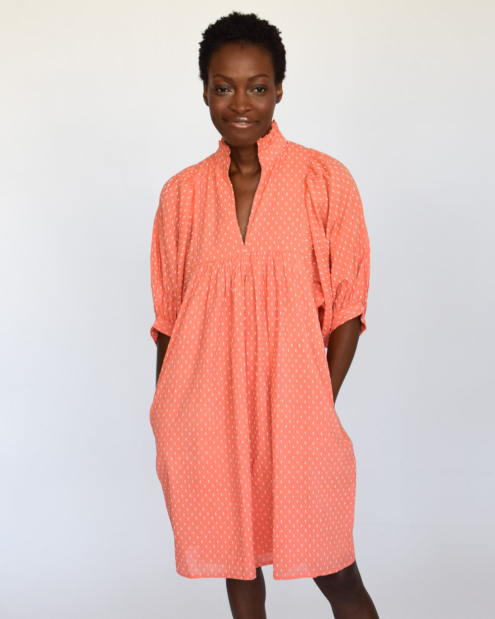 Coral Swiss Dot High Neck Dress