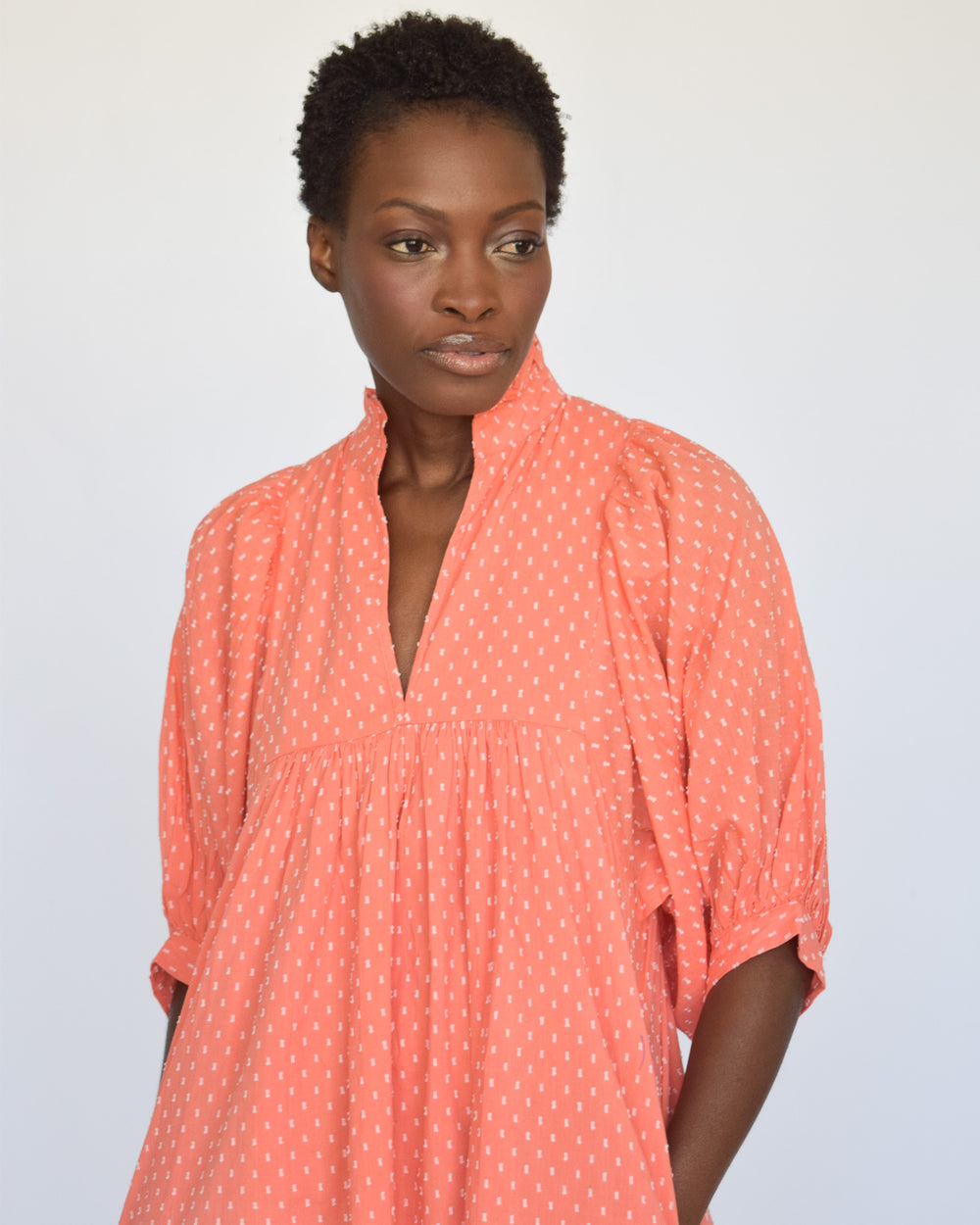 Coral Swiss Dot High Neck Dress