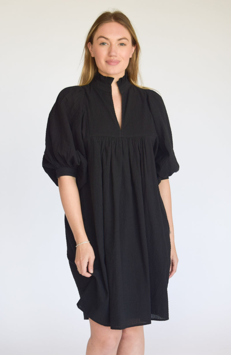 High Neck Dress Black Seersucker