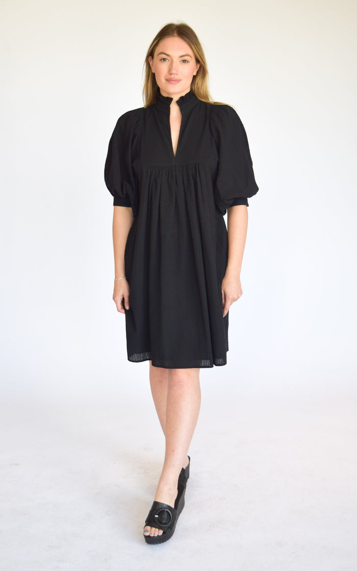 High Neck Dress Black Seersucker