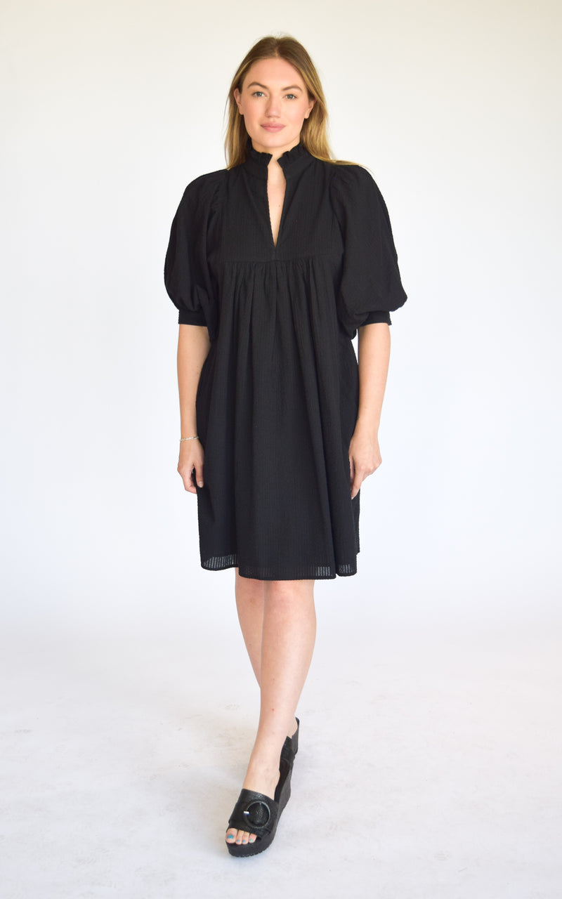 High Neck Dress Black Seersucker