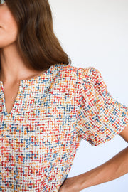 Coral Tweed Jewel V Neck Short Sleeve Top