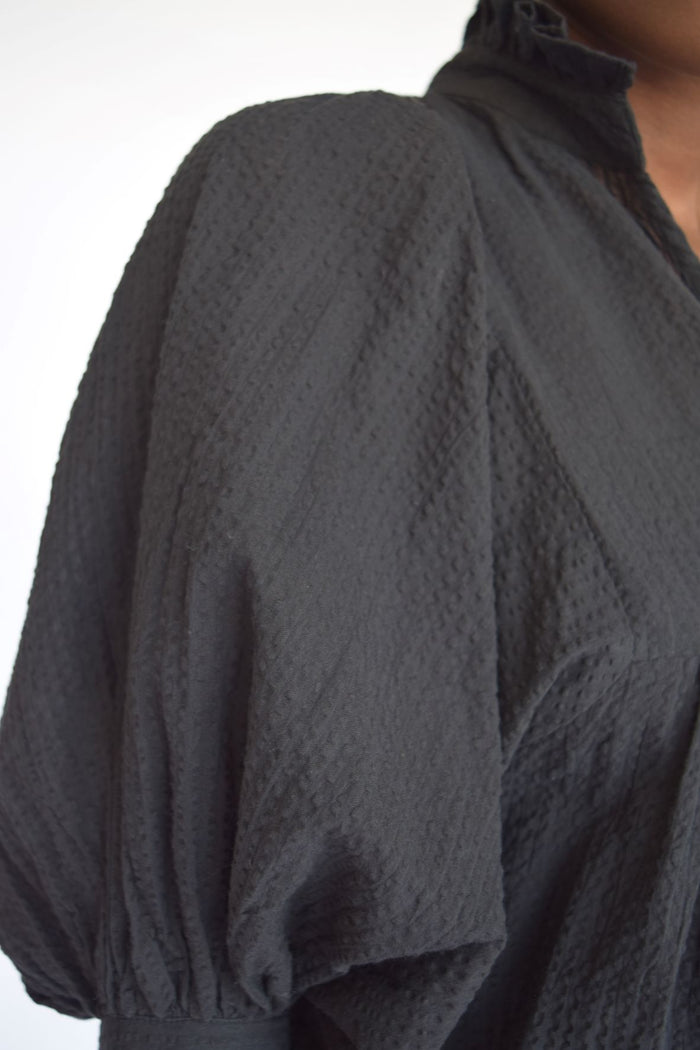 High Neck Dress Black Seersucker
