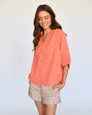 Coral Swiss Dot Elastic Sleeve Top