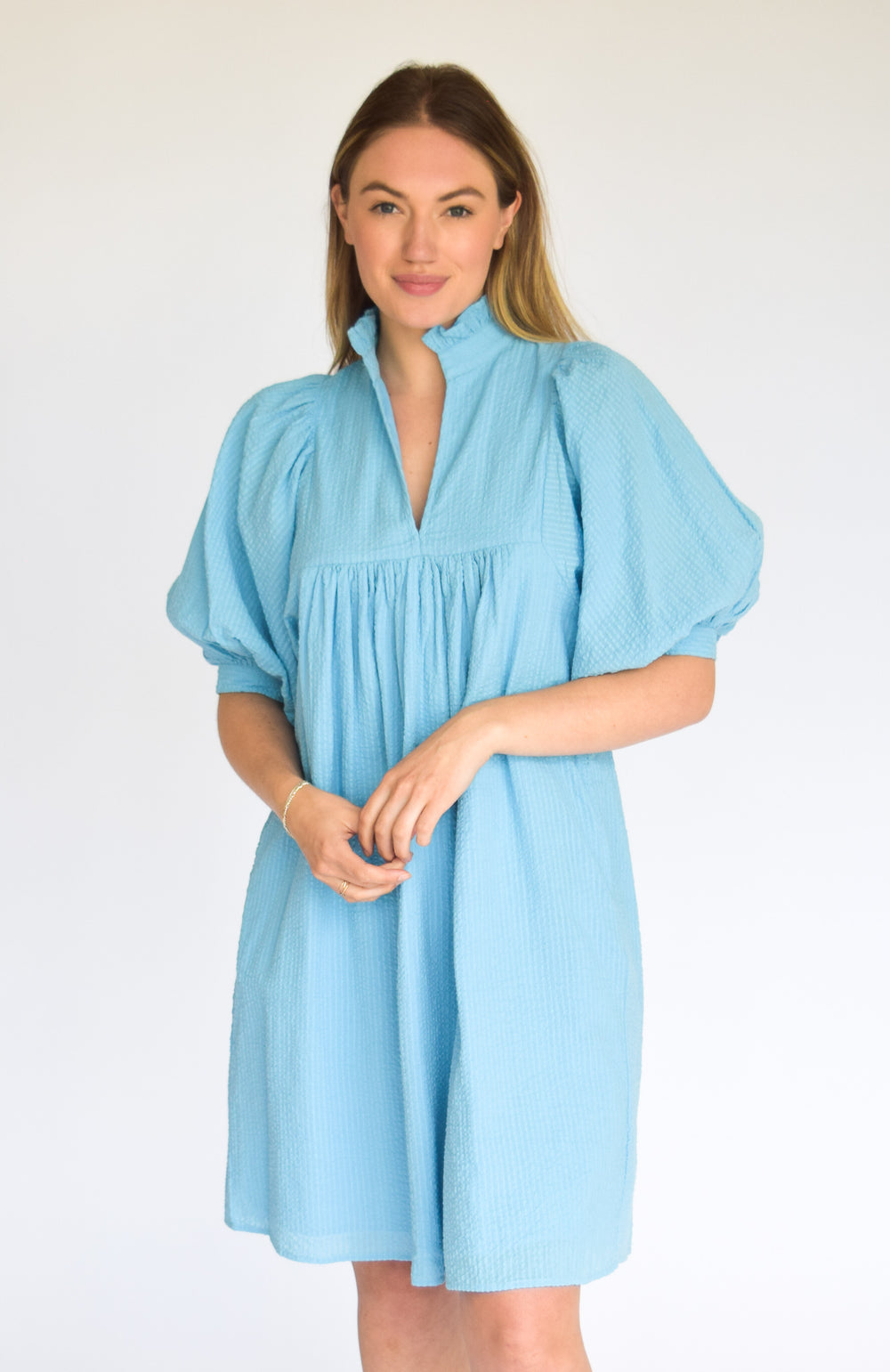 High Neck Dress Carolina Blue Seersucker S / Carolina Blue Seersucker High Neck Dress Carolina Blue Seersucker S / Carolina Blue Seersucker