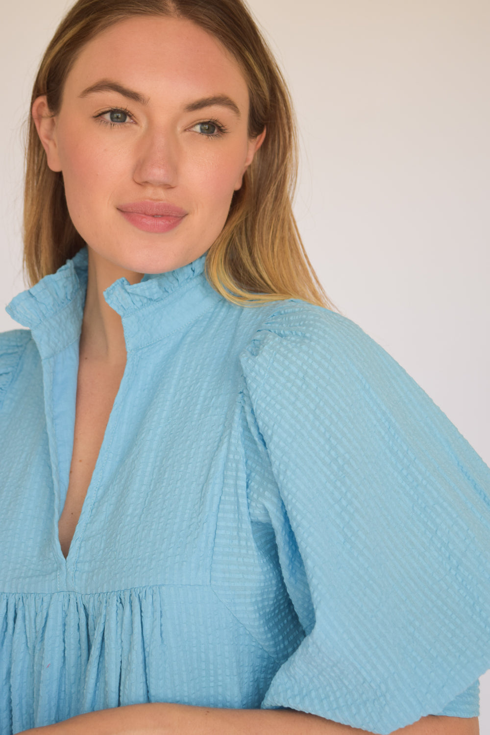 High Neck Dress Carolina Blue Seersucker S / Carolina Blue Seersucker High Neck Dress Carolina Blue Seersucker S / Carolina Blue Seersucker
