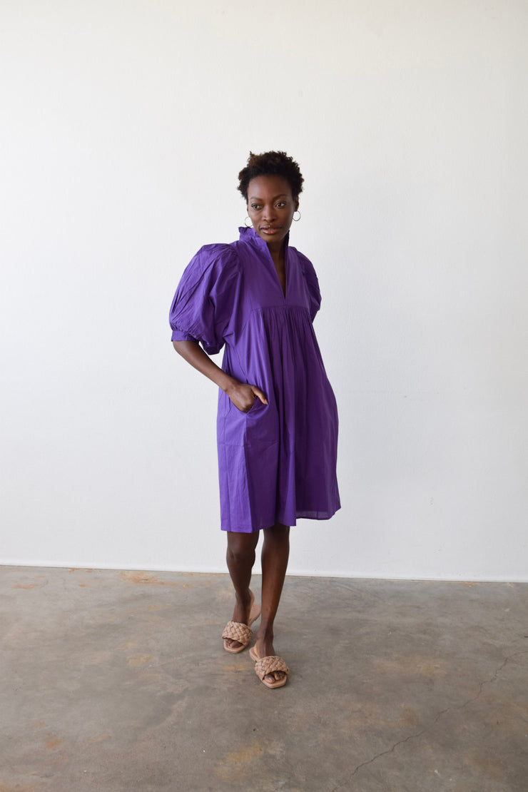 High Neck Dress Purple Solid Cotton Cambric