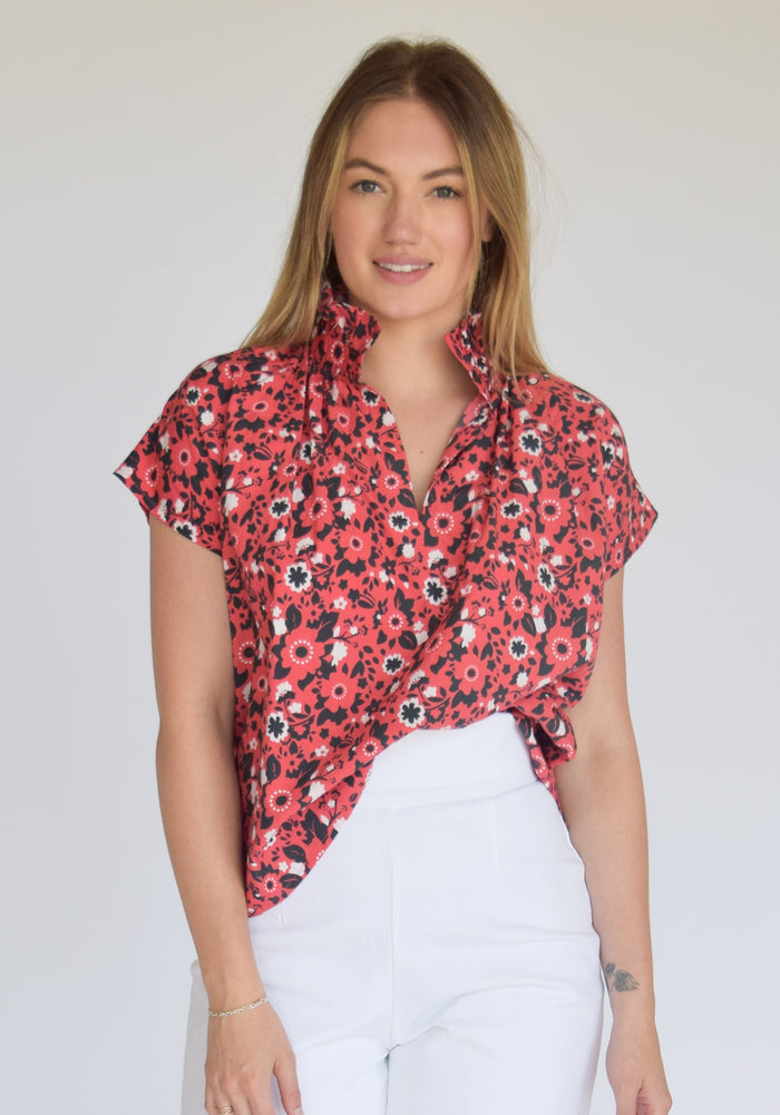 Vicki Short Sleeve Top Red & Black Floral