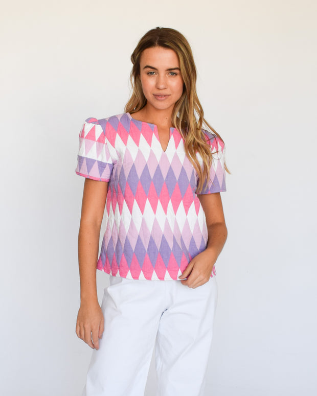 Quilted Jewel V Neck Short Sleeve Top