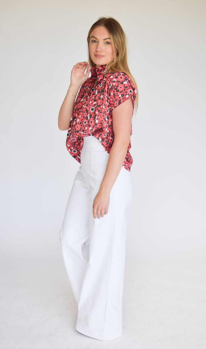 Vicki Short Sleeve Top Red & Black Floral