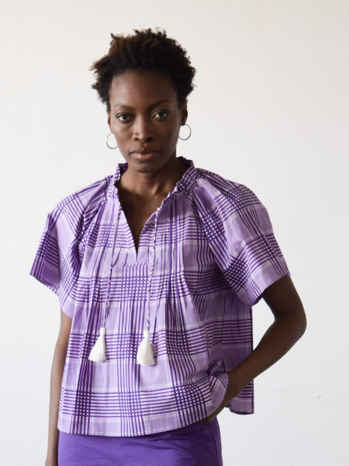 Peasant Top Purple Cotton Plaid