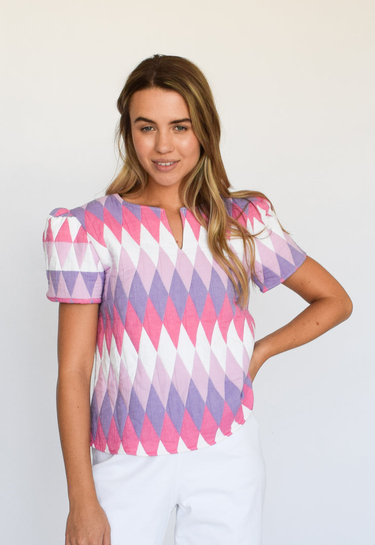 Quilted Jewel V Neck Short Sleeve Top