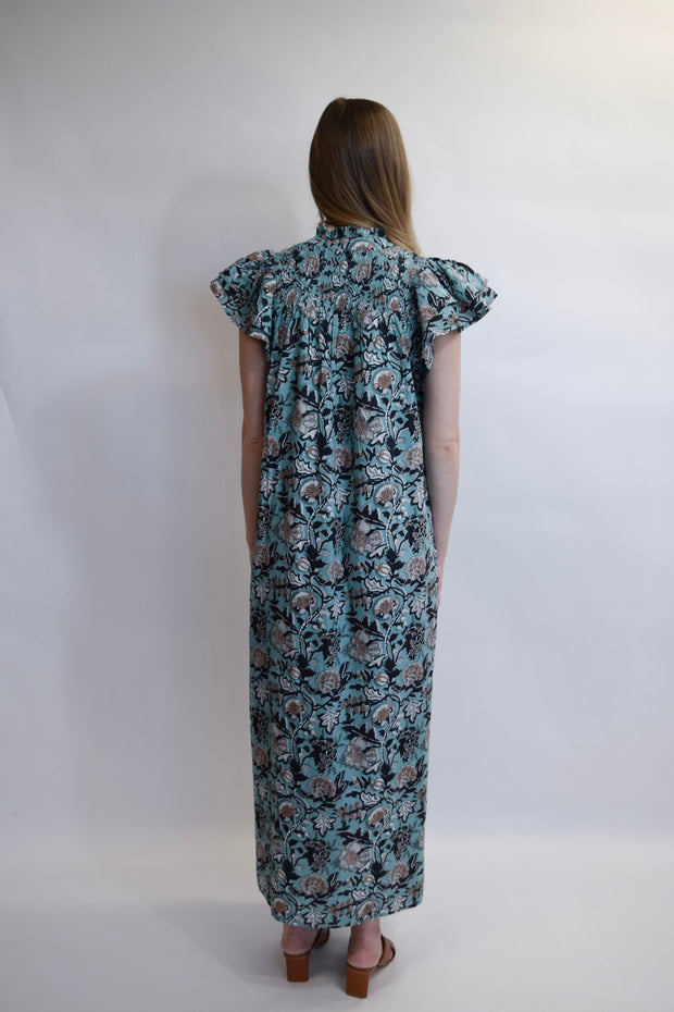 Smocked Dress Blue Block Print
