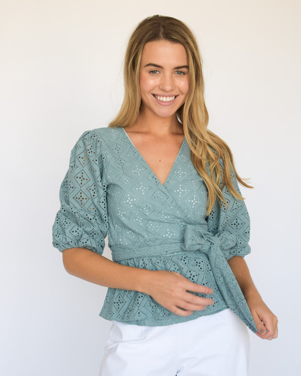 Denim Eyelet Wrap Top