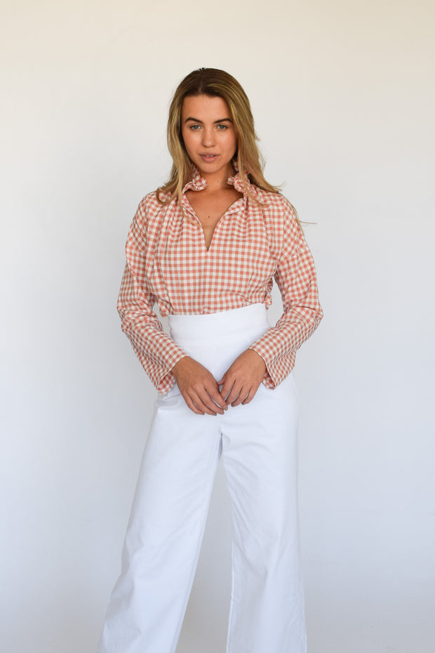 Coral Check Vicki Long Sleeve Top