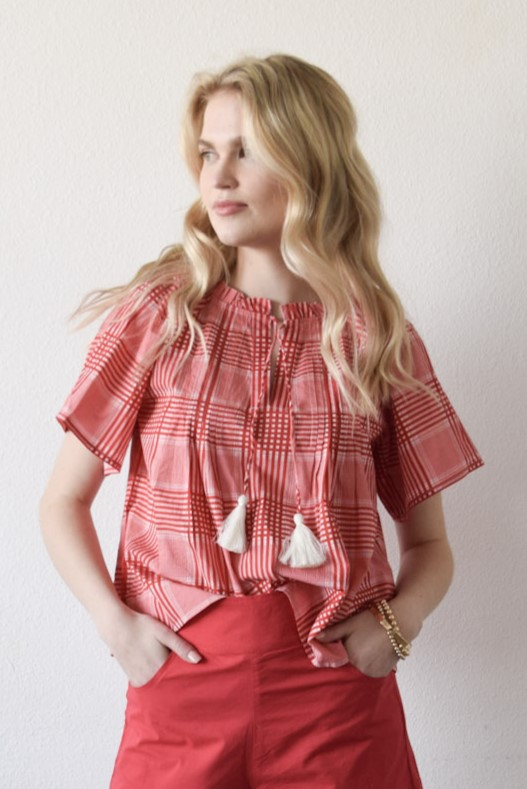 Peasant Top Red Cotton Plaid