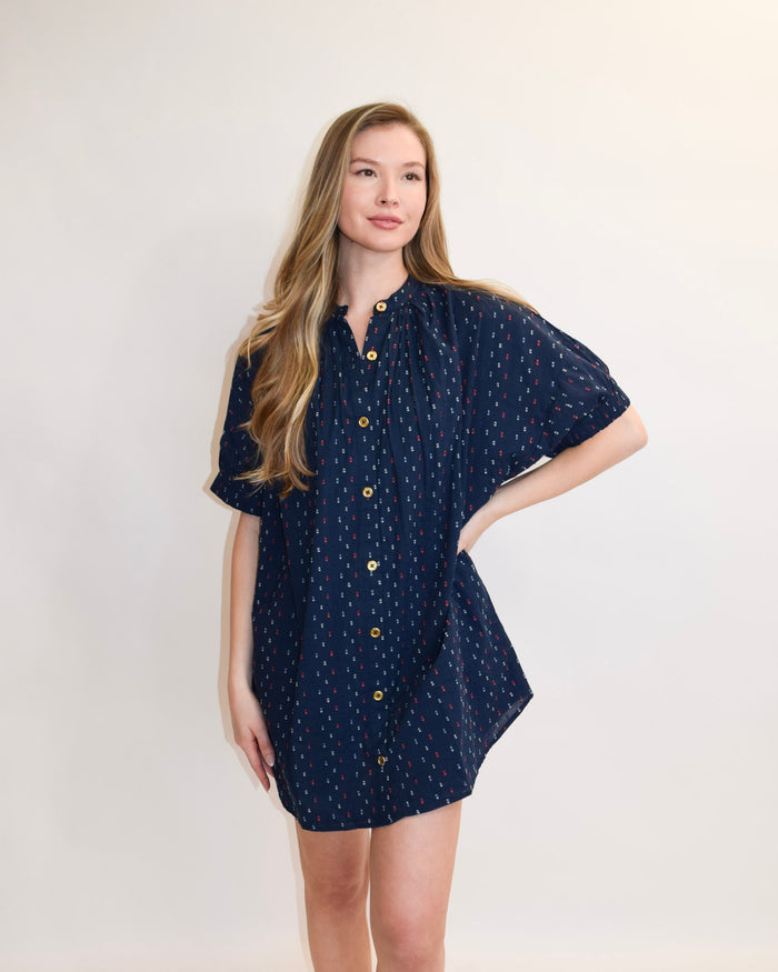 Elastic Sleeve Dress Navy Swiss Dot