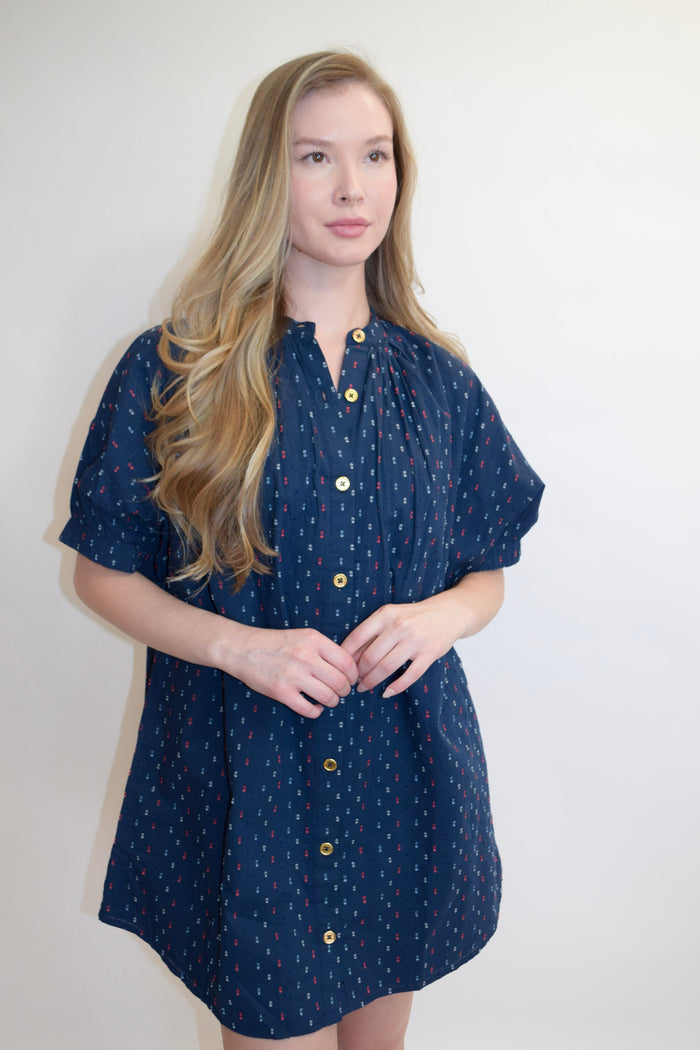 Elastic Sleeve Dress Navy Swiss Dot