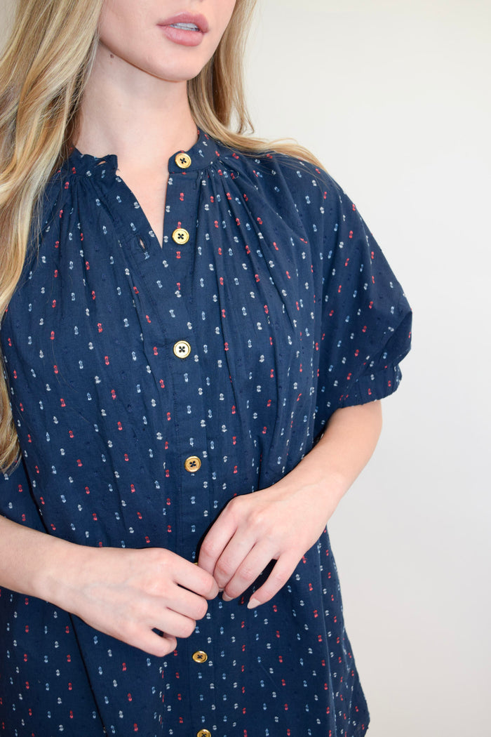 Elastic Sleeve Dress Navy Swiss Dot