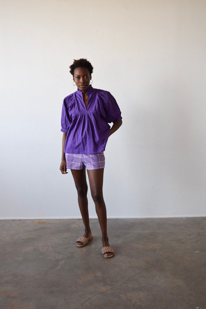 High Neck Top Purple Solid Cotton Cambric