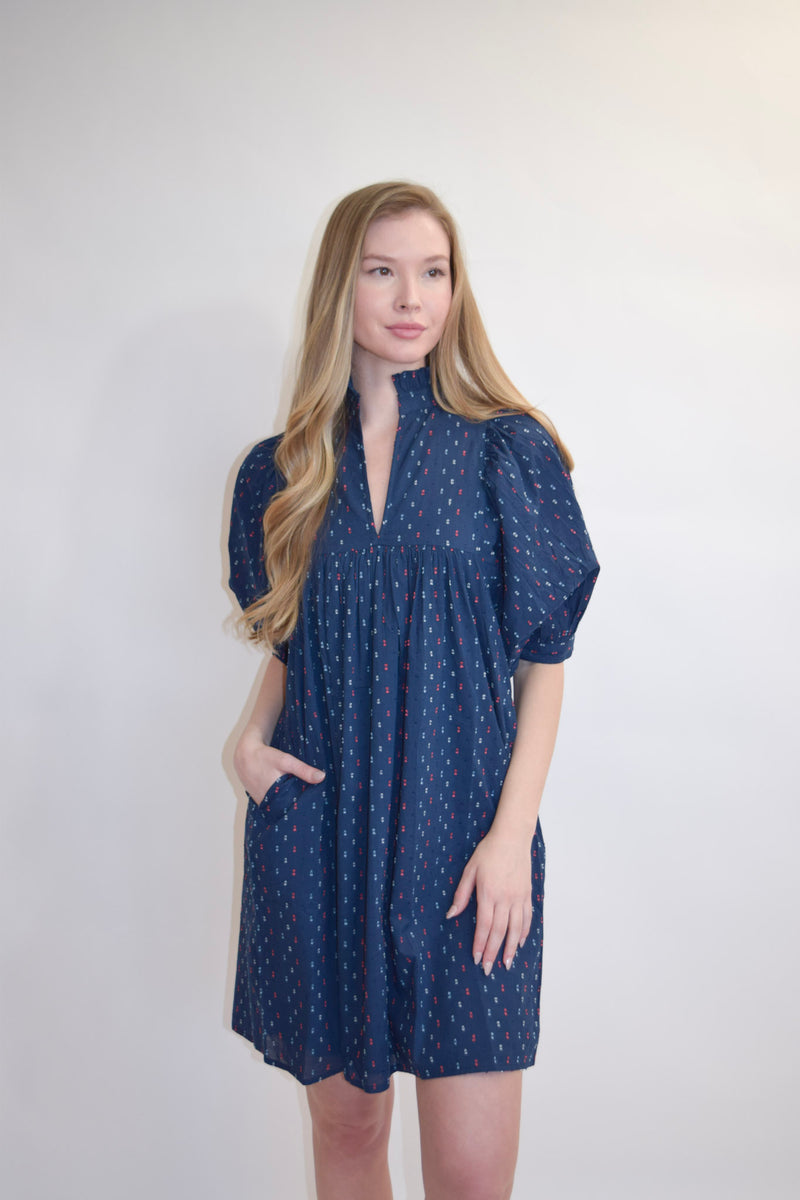 High Neck Dress Navy Swiss Dot