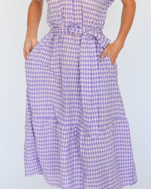 Pink and Purple Check Gathered Neck Dress