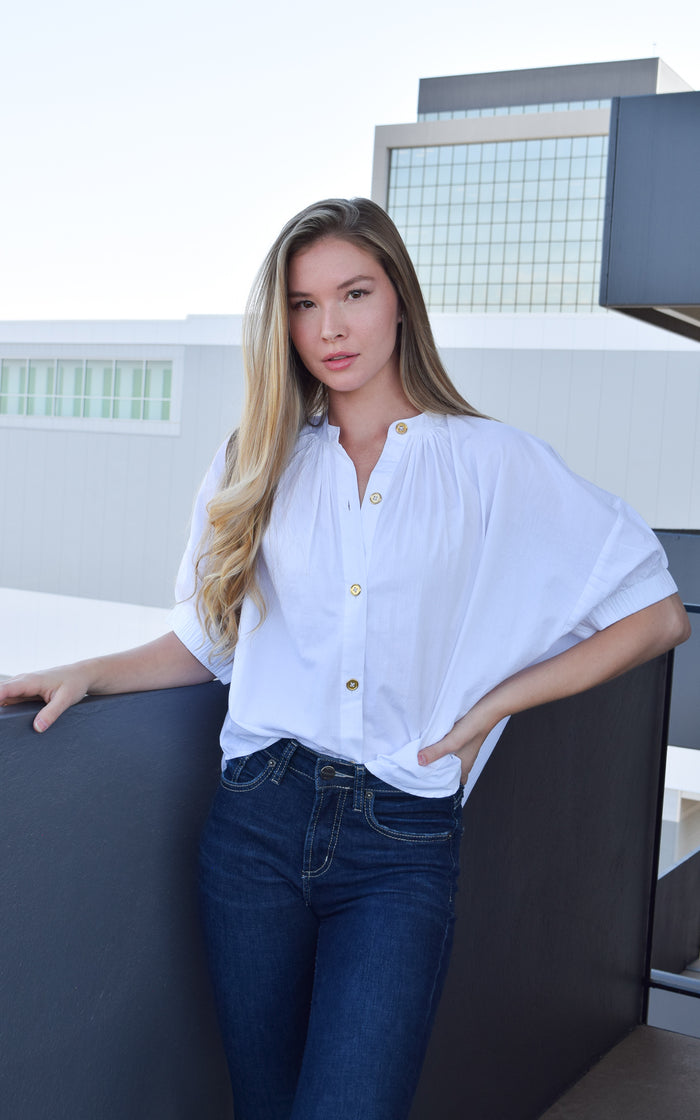 Elastic Sleeve Top White Poplin