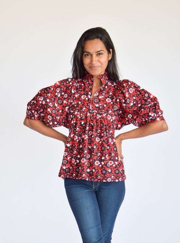 Red and Navy Floral Poplin High Neck Top