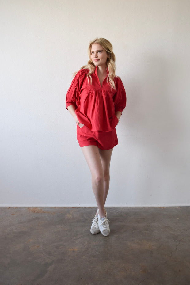 High Neck Top Red Solid Cotton Cambric