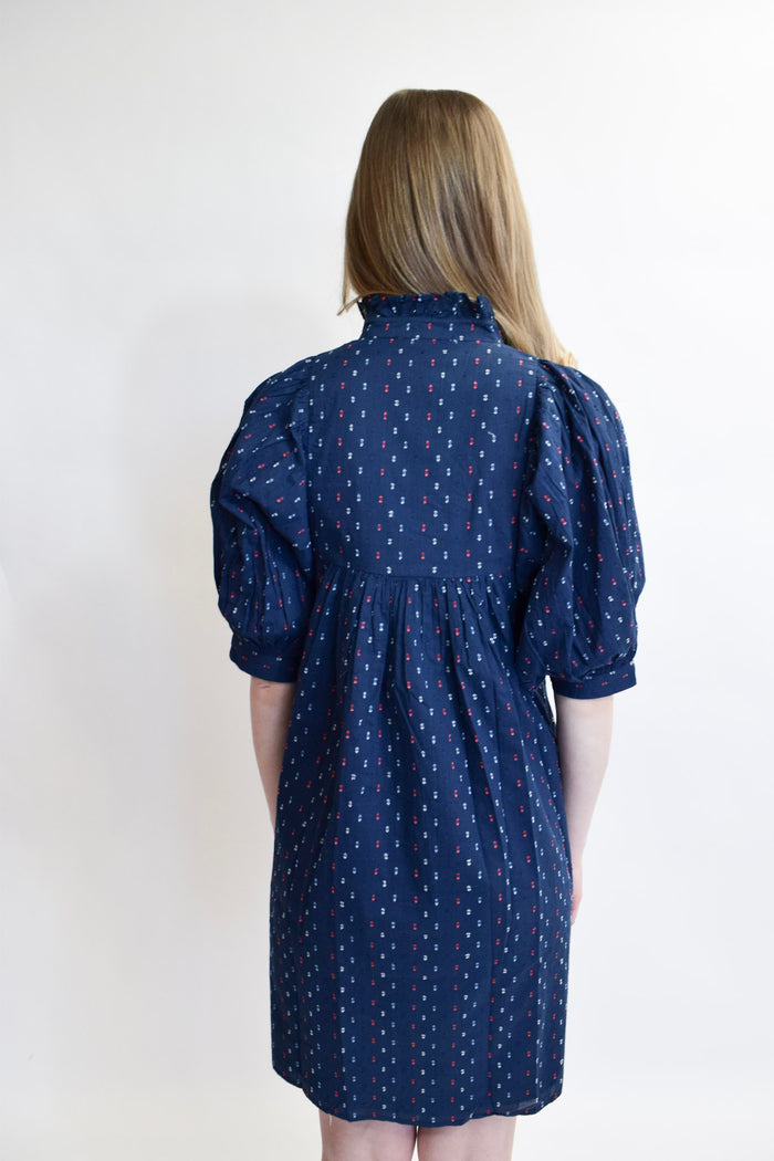 High Neck Dress Navy Swiss Dot