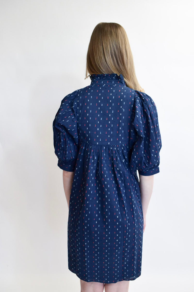 High Neck Dress Navy Swiss Dot