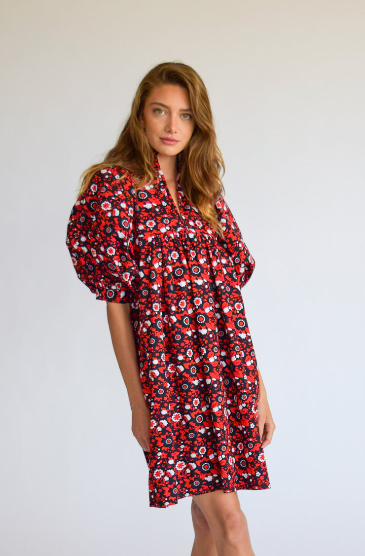 Red and Navy Floral Poplin High Neck Dress