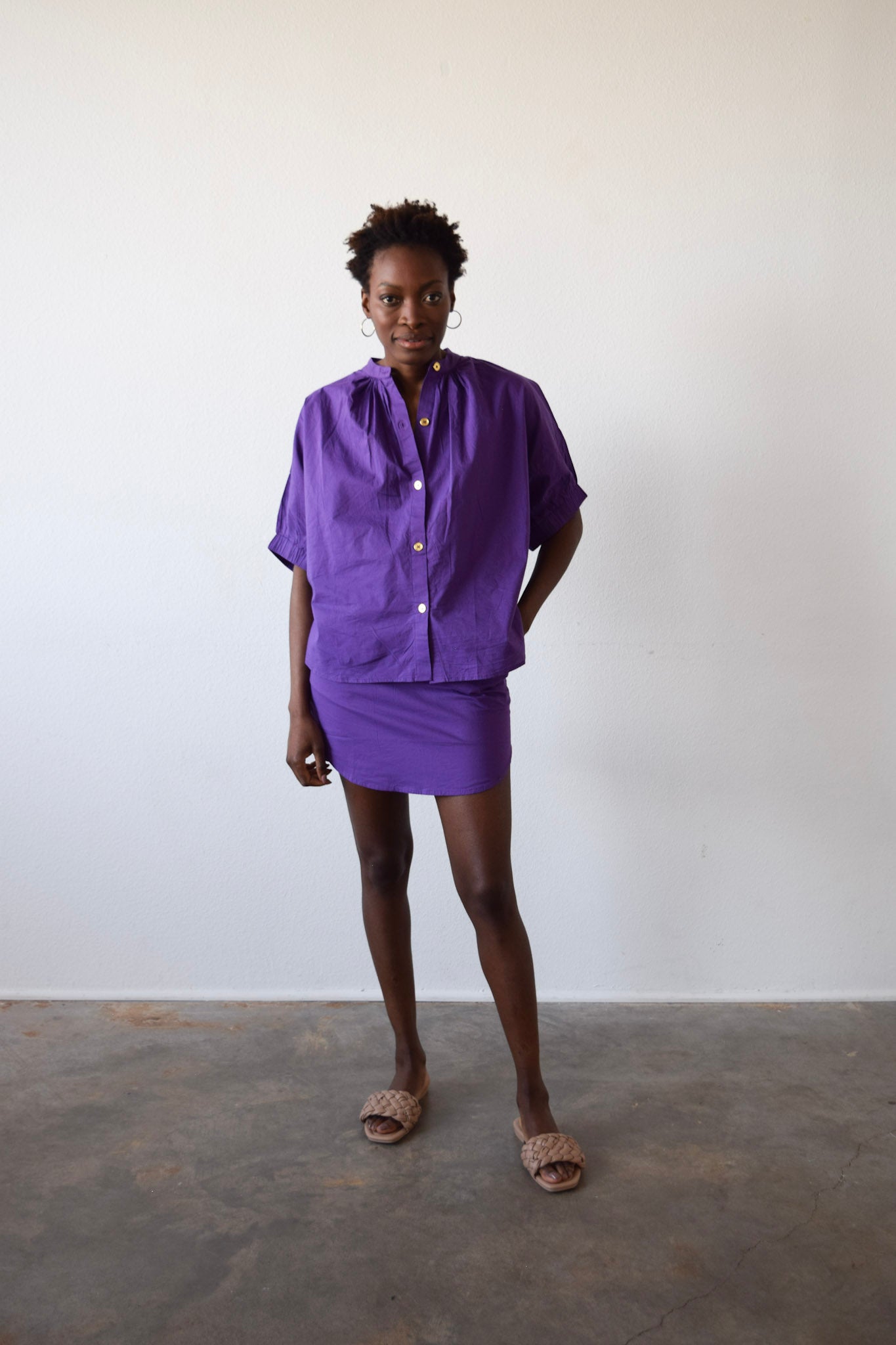 Elastic Sleeve Top Purple Solid Poplin