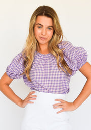 Pink and Purple Check Gathered Neck Top