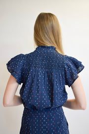 Smocked Top Navy Swiss Dot